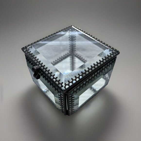 Nicole Miller Trinket Box Beveled Glass Jewelry Casket Hinged Mirror Footed - Picture 2 of 13